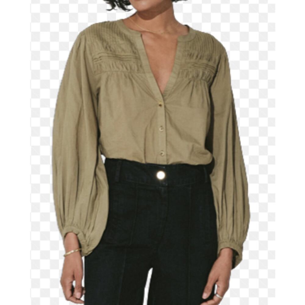 New Evereve Cleobella XS Olive Green River Blouse Puff Sleeve Button Front VNeck - Picture 12 of 14